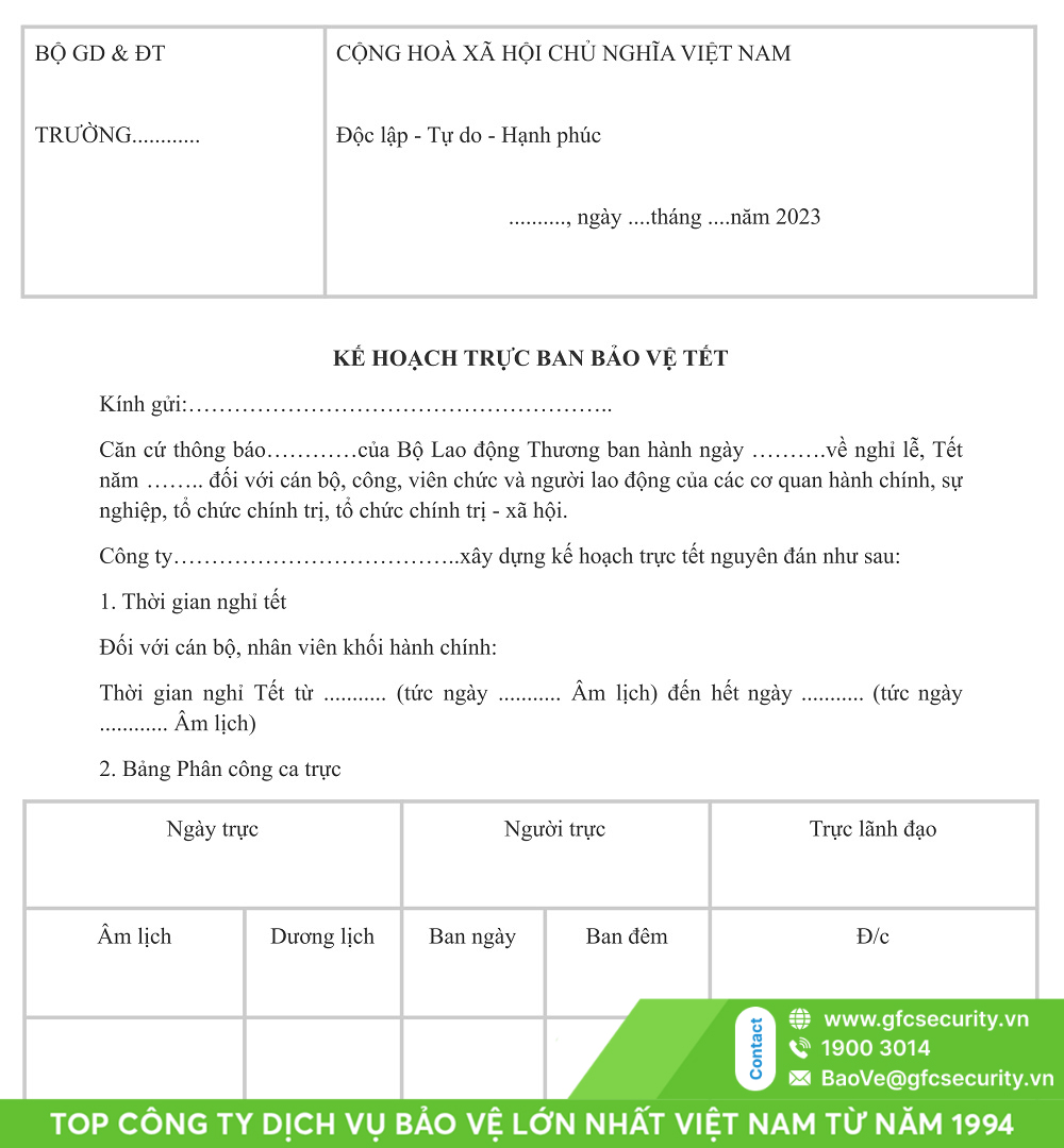 mẫu lịch trực bảo vệ