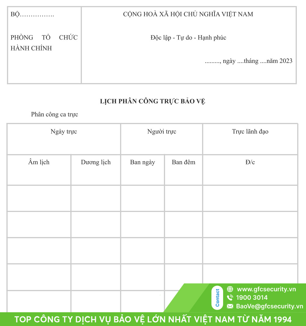 mẫu lịch trực bảo vệ